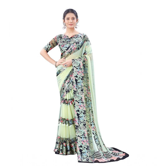 Clasymist Women's Satin Patta Printed Saree With Unstitched Blouse (Cream)