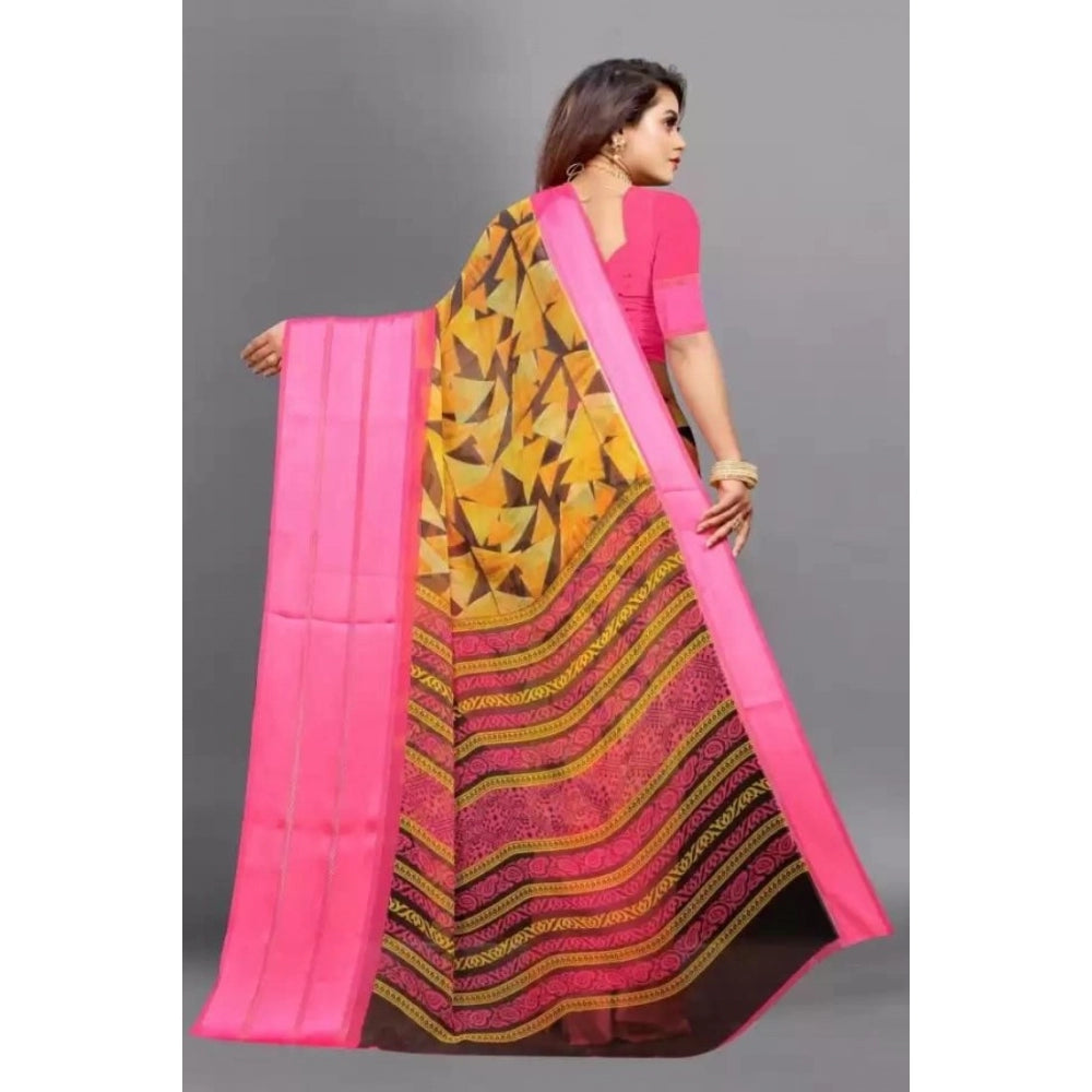 Clasymist Women's Satin Patta Printed Saree With Unstitched Blouse (Pink)