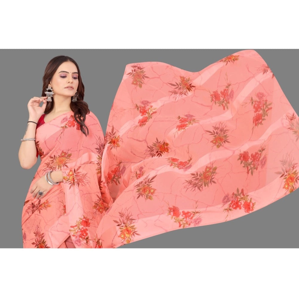 Clasymist Women's Satin Patta Printed Saree With Unstitched Blouse (Peach)