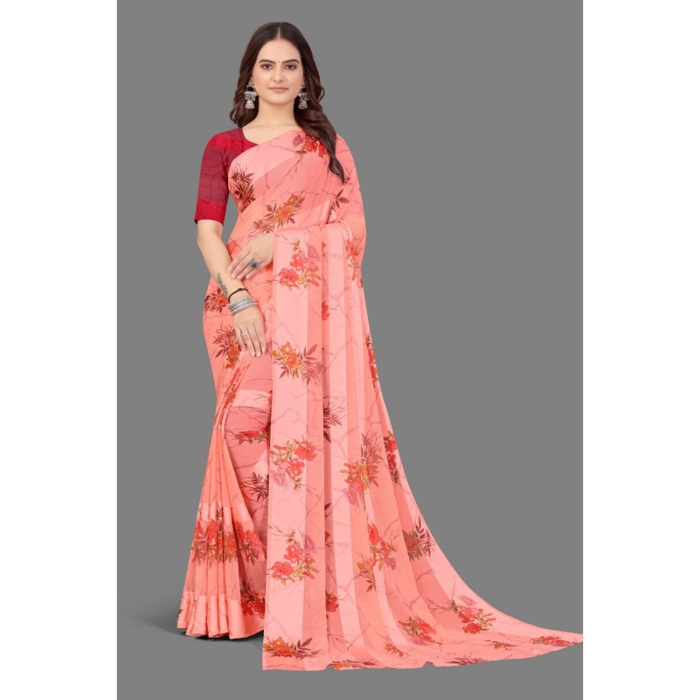 Clasymist Women's Satin Patta Printed Saree With Unstitched Blouse (Peach)