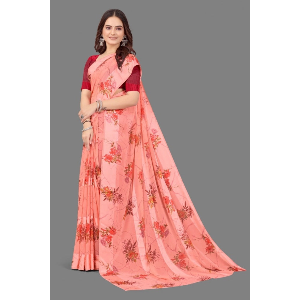 Clasymist Women's Satin Patta Printed Saree With Unstitched Blouse (Peach)