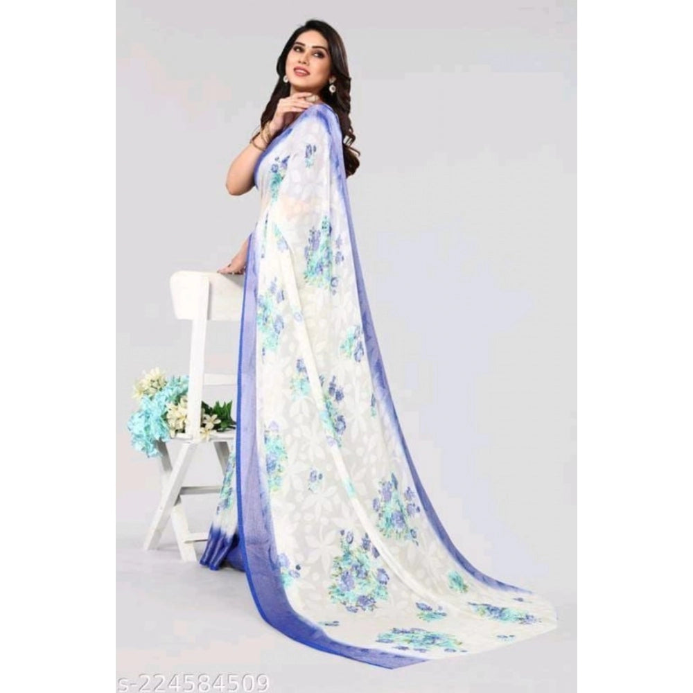 Clasymist Women's Viscose Rayon Printed Saree With Unstitched Blouse (Blue)