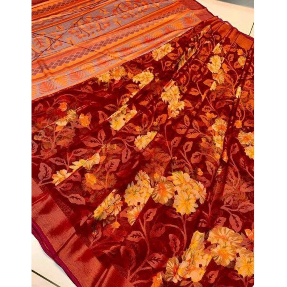 Clasymist Women's Viscose Rayon Printed Saree With Unstitched Blouse (Maroon)