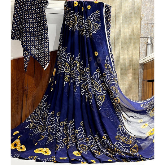 Clasymist Women's Georgette Printed Saree With Unstitched Blouse (Navy Blue)