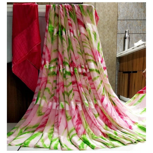 Clasymist Women's Satin Patta Printed Saree With Unstitched Blouse (Pink)