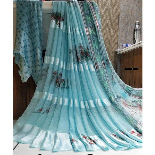 Clasymist Women's Satin Patta Printed Saree With Unstitched Blouse (Skyblue)