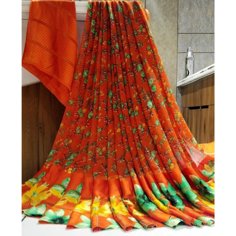 Clasymist Women's Satin Patta Printed Saree With Unstitched Blouse (Orange)