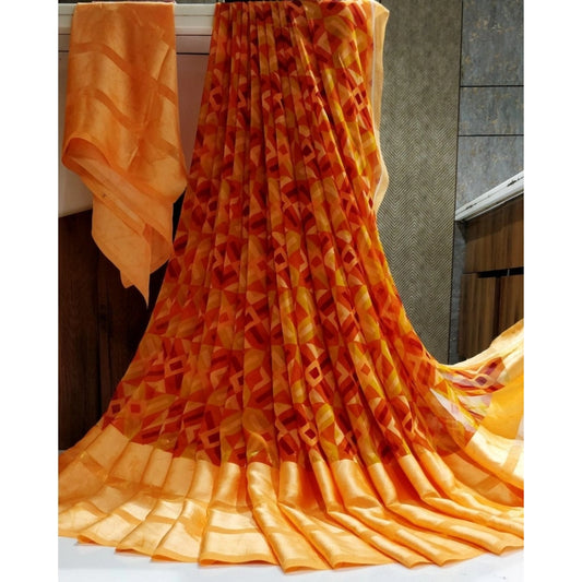 Clasymist Women's Satin Patta Printed Saree With Unstitched Blouse (Orange)