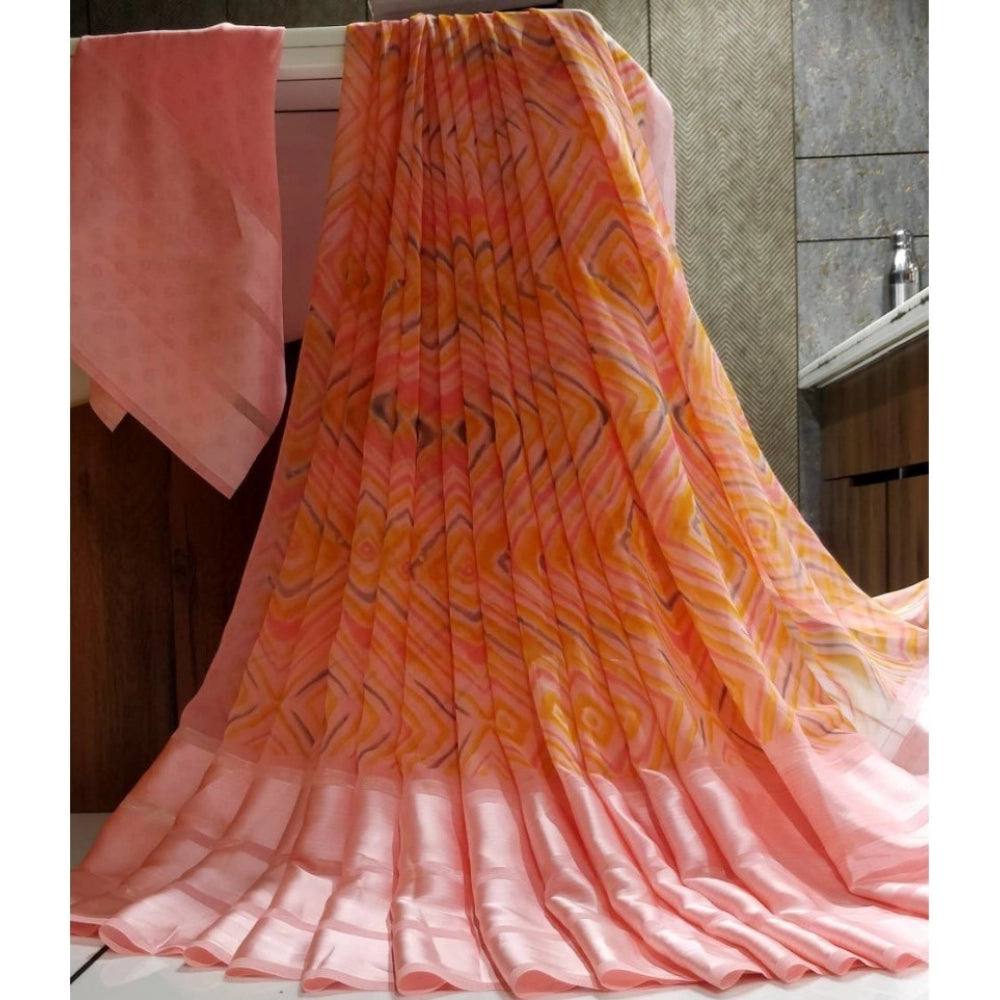 Clasymist Women's Satin Patta Printed Saree With Unstitched Blouse (Peach)