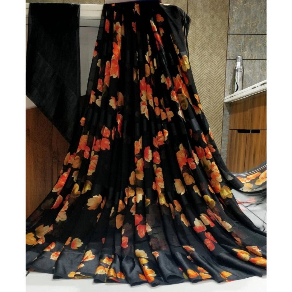 Clasymist Women's Satin Patta Printed Saree With Unstitched Blouse (Black)