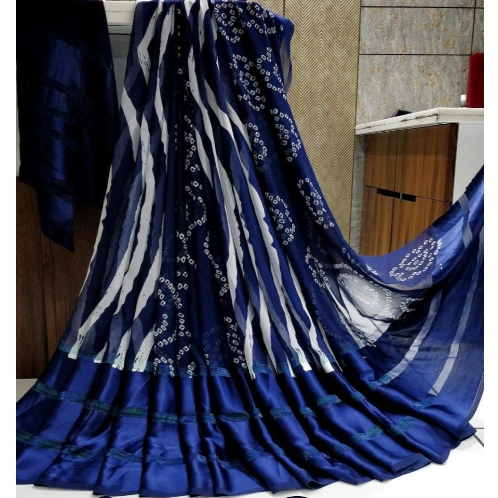 Clasymist Women's Satin Patta Printed Saree With Unstitched Blouse (Blue)