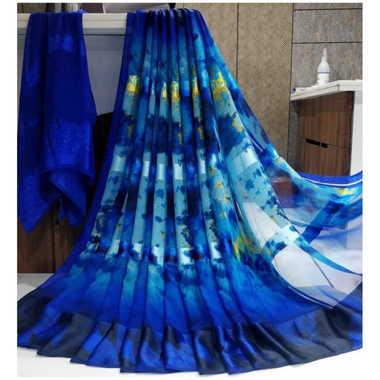 Clasymist Women's Satin Patta Printed Saree With Unstitched Blouse (Blue)