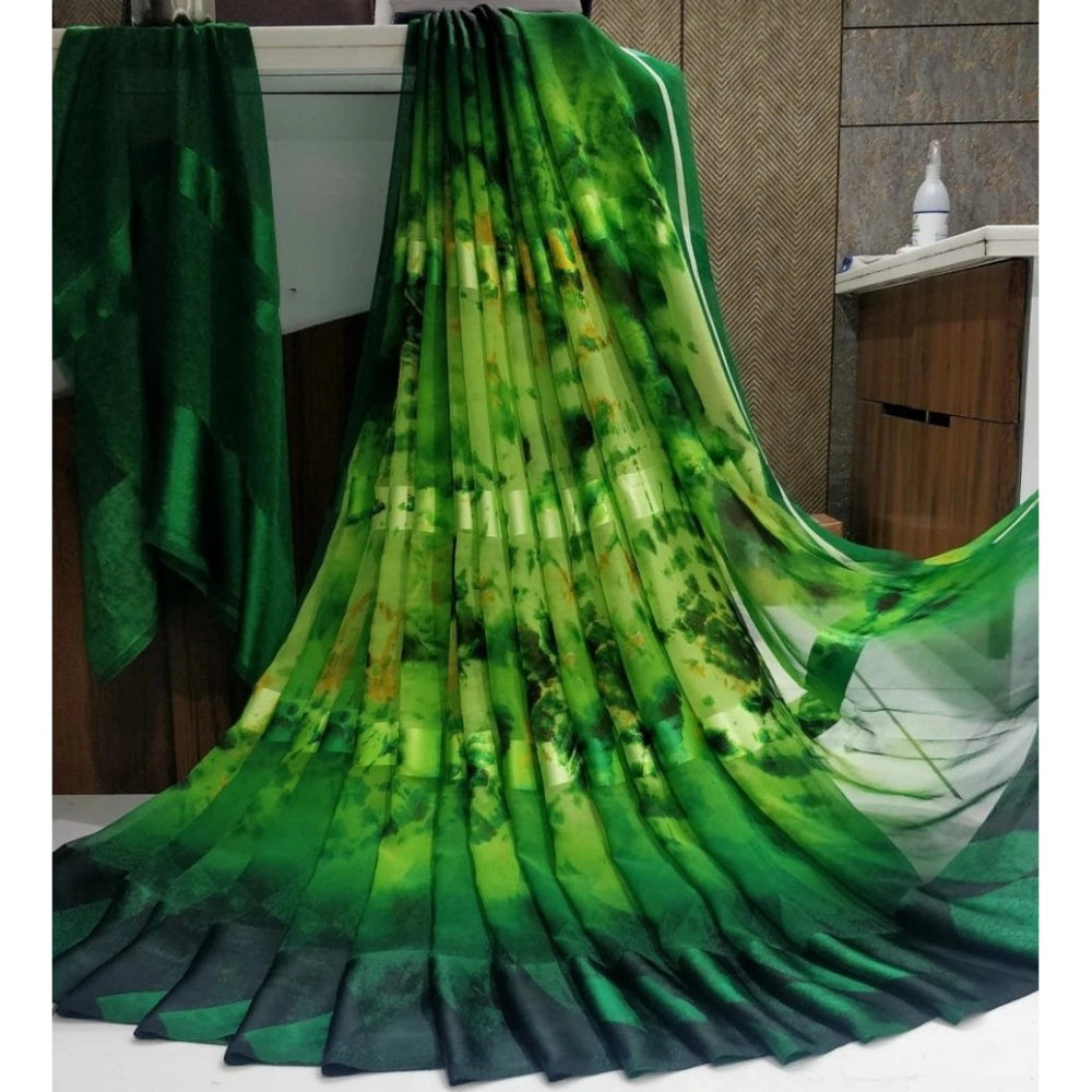 Clasymist Women's Satin Patta Printed Saree With Unstitched Blouse (Green)