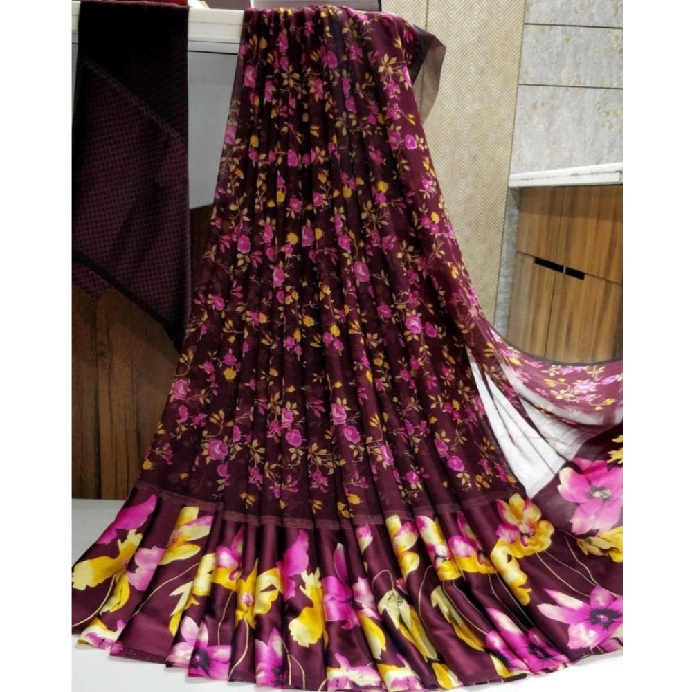 Clasymist Women's Satin Patta Printed Saree With Unstitched Blouse (Purple)