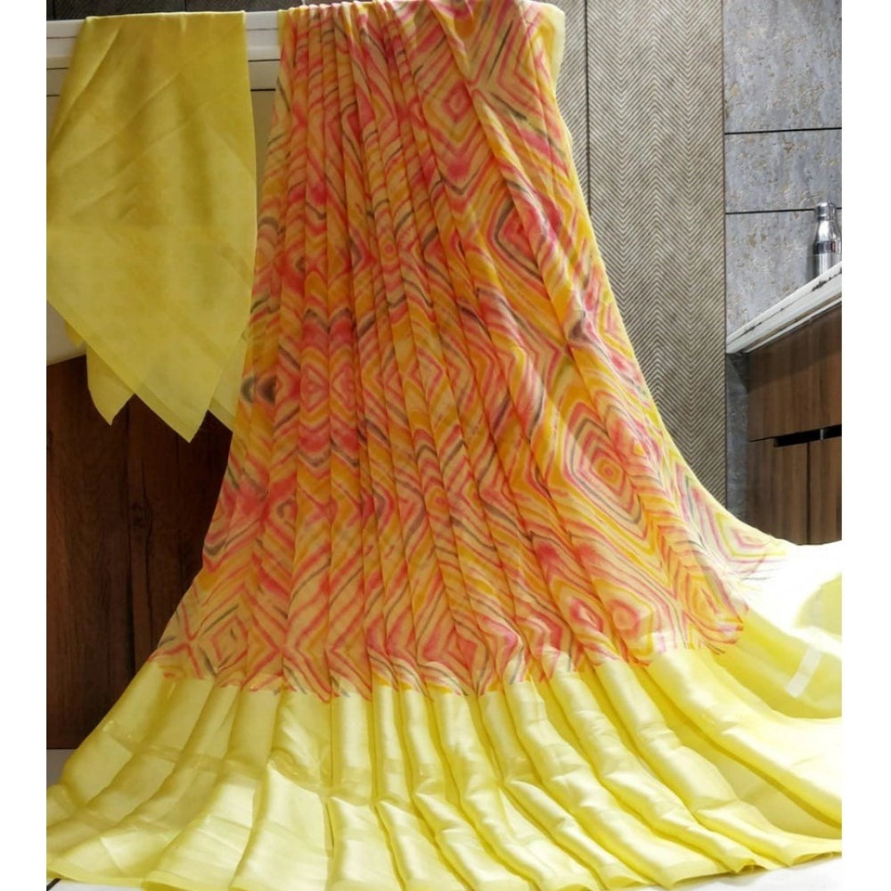 Clasymist Women's Satin Patta Printed Saree With Unstitched Blouse (Yellow)