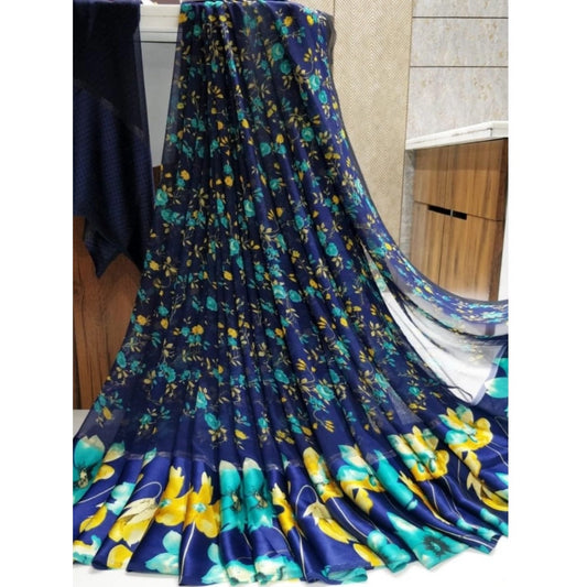 Clasymist Women's Satin Patta Printed Saree With Unstitched Blouse (Blue)