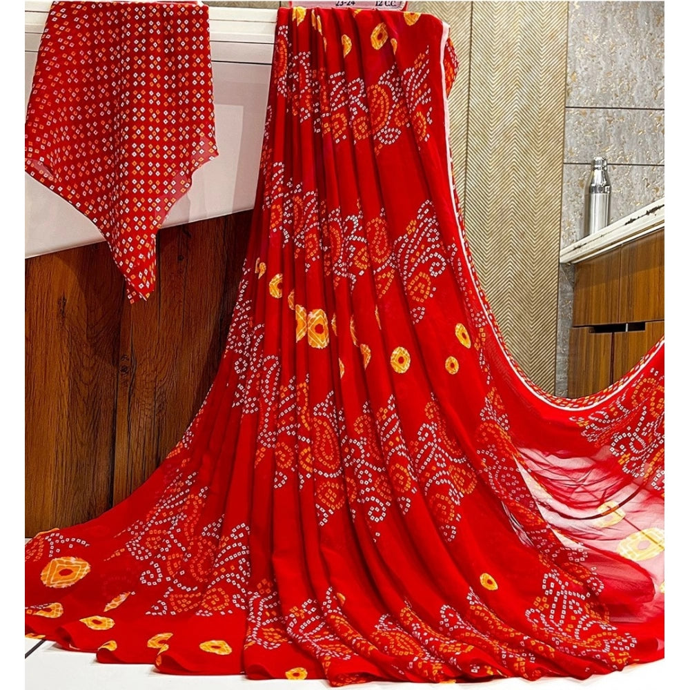 Clasymist Women's Georgette Printed Saree With Unstitched Blouse (Red)