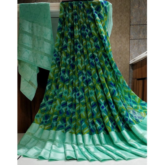 Clasymist Women's Satin Patta Printed Saree With Unstitched Blouse (Teal)