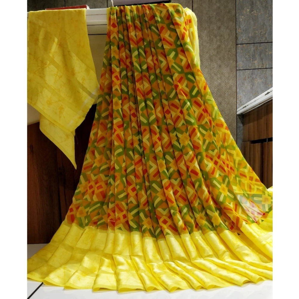 Clasymist Women's Satin Patta Printed Saree With Unstitched Blouse (Yellow)