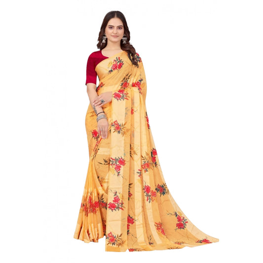 Clasymist Women's Satin Patta Printed Saree With Unstitched Blouse (Beige)