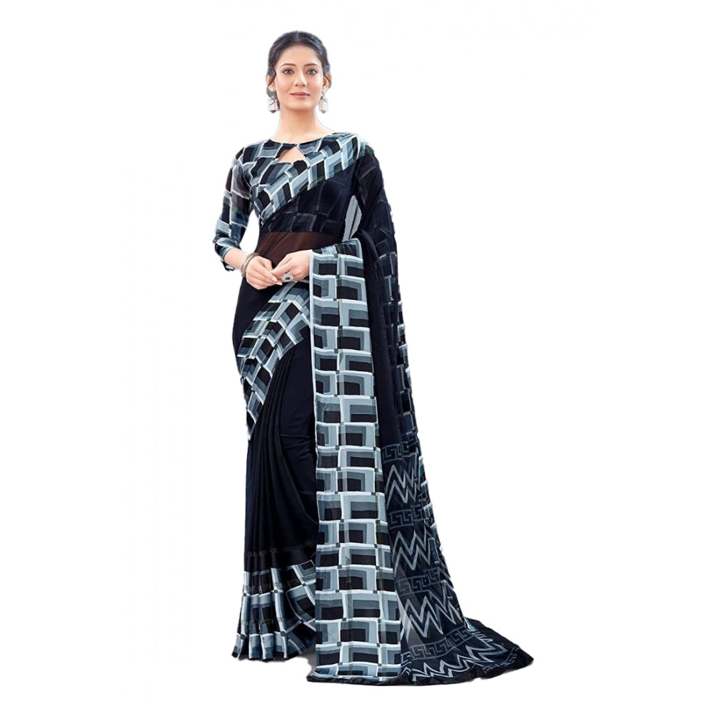 Clasymist Women's Satin Patta Printed Saree With Unstitched Blouse (Black)