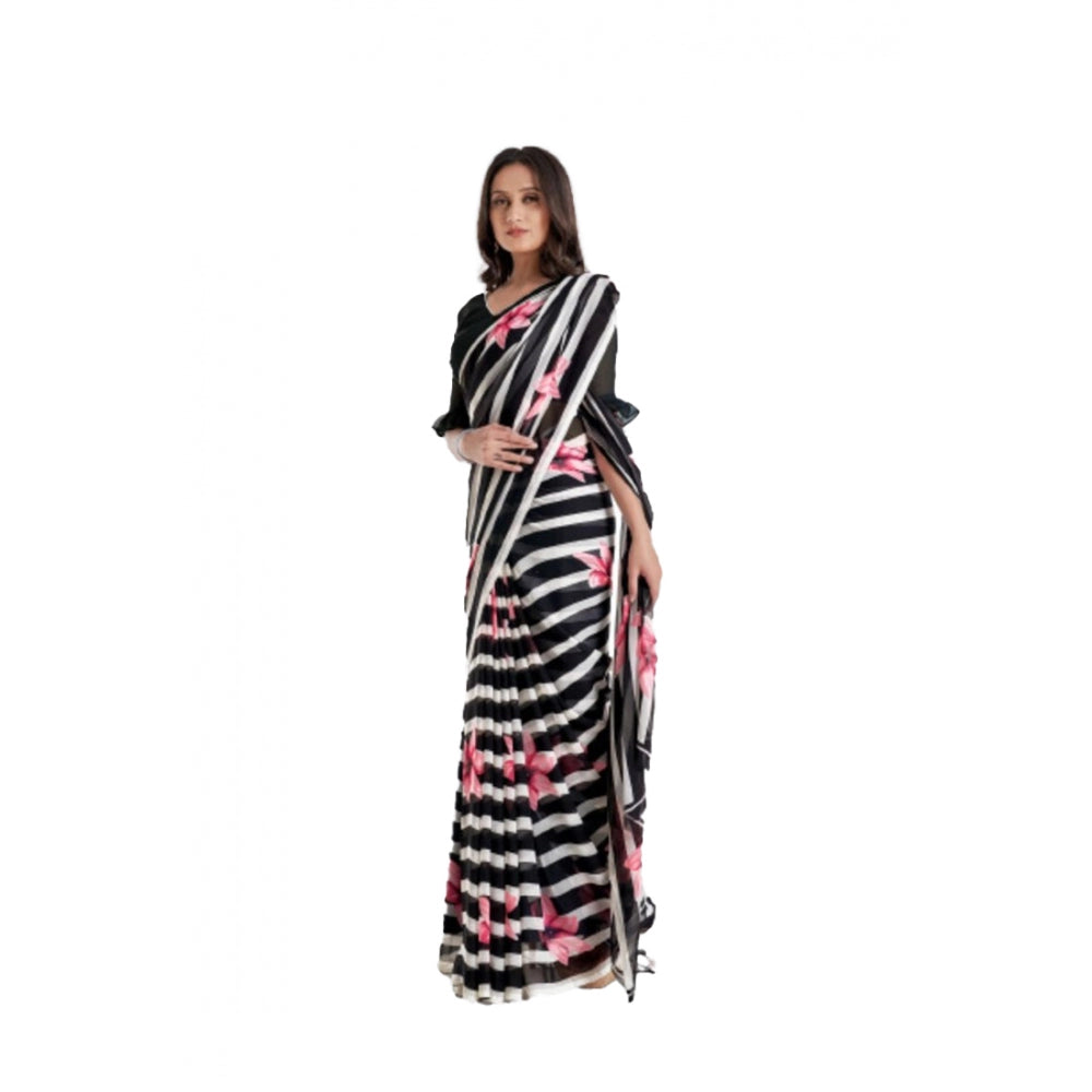 Clasymist Women's Georgette Printed Saree With Unstitched Blouse (Black)