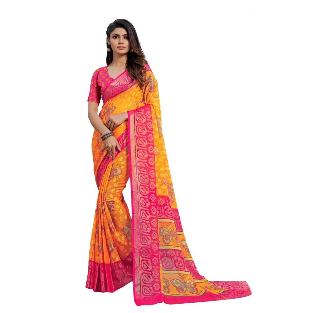 Clasymist Women's Viscose Rayon Printed Saree With Unstitched Blouse (Yellow)