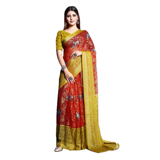 Clasymist Women's Viscose Rayon Printed Saree With Unstitched Blouse (Red)