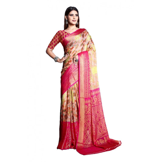 Clasymist Women's Viscose Rayon Printed Saree With Unstitched Blouse (Pink)