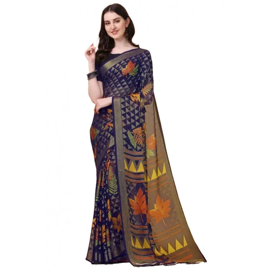 Clasymist Women's Viscose Rayon Printed Saree With Unstitched Blouse (Navy Blue)