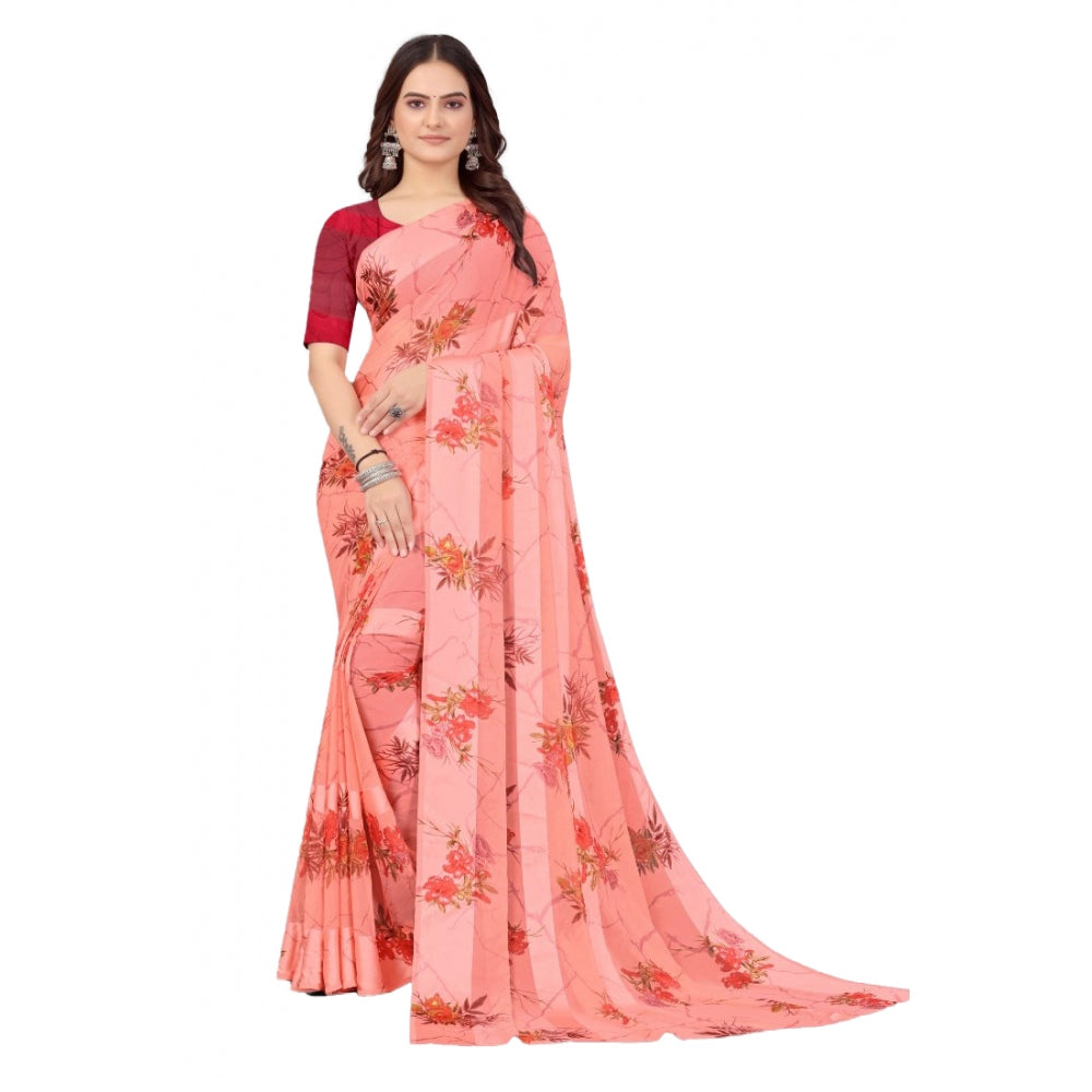 Clasymist Women's Satin Patta Printed Saree With Unstitched Blouse (Peach)