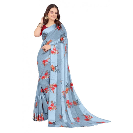 Clasymist Women's Satin Patta Printed Saree With Unstitched Blouse (Grey)