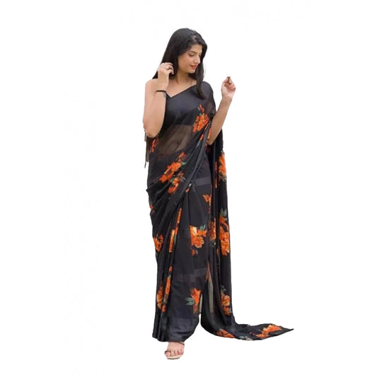 Clasymist Women's Satin Patta Printed Saree With Unstitched Blouse (Orange)