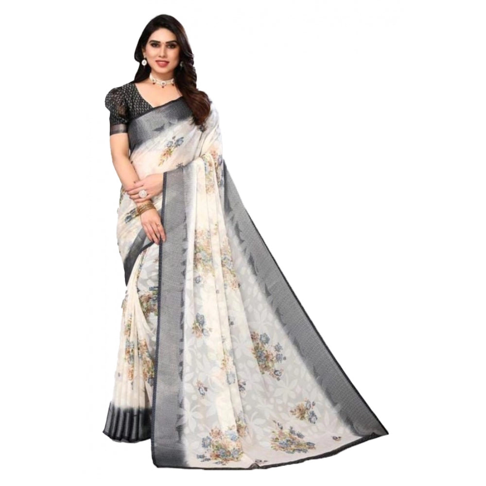 Clasymist Women's Viscose Rayon Printed Saree With Unstitched Blouse (Black)