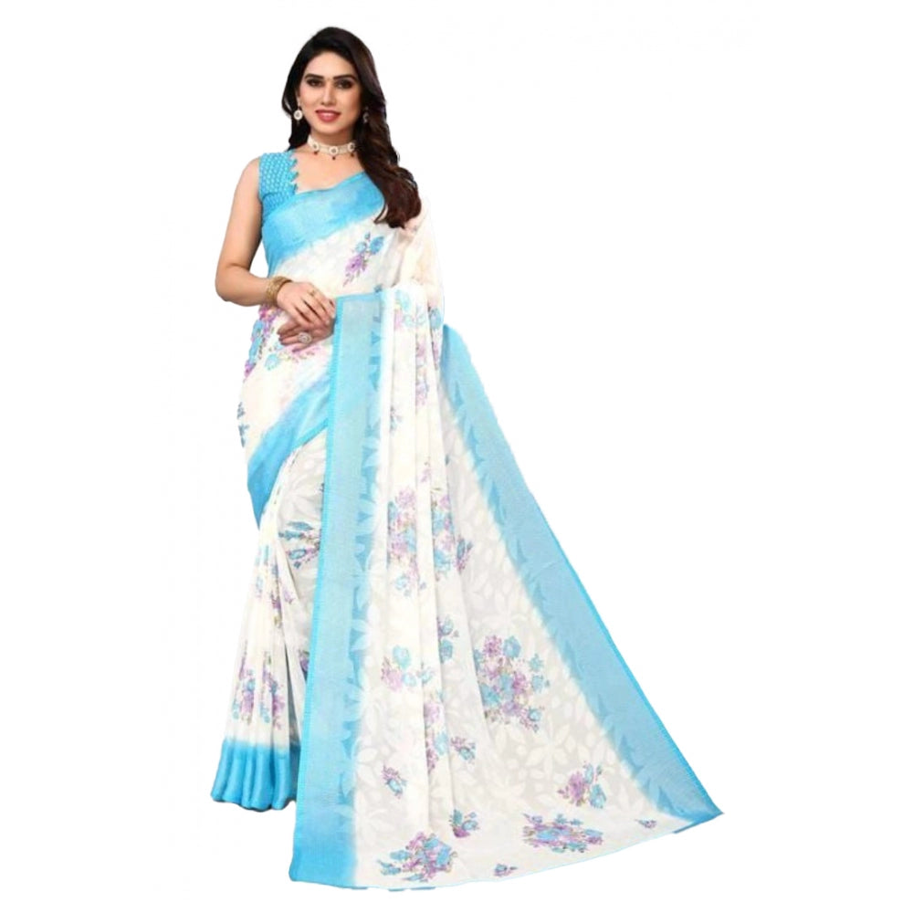 Clasymist Women's Viscose Rayon Printed Saree With Unstitched Blouse (Sky Blue)