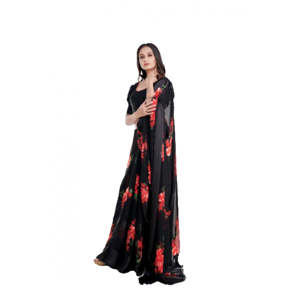 Clasymist Women's Satin Patta Printed Saree With Unstitched Blouse (Red)