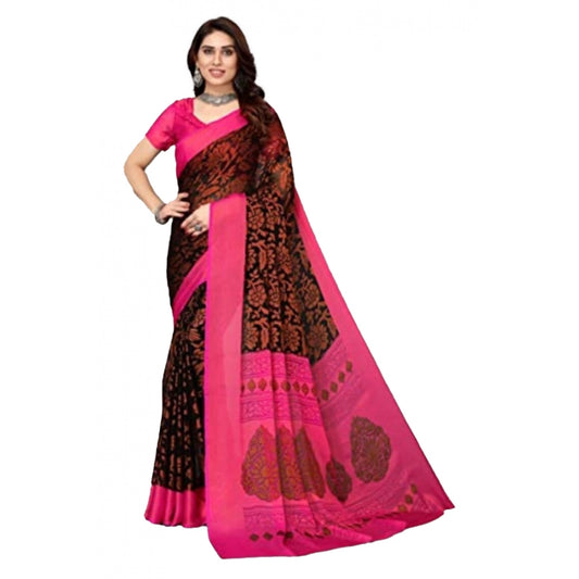 Clasymist Women's Viscose Rayon Printed Saree With Unstitched Blouse (Black)