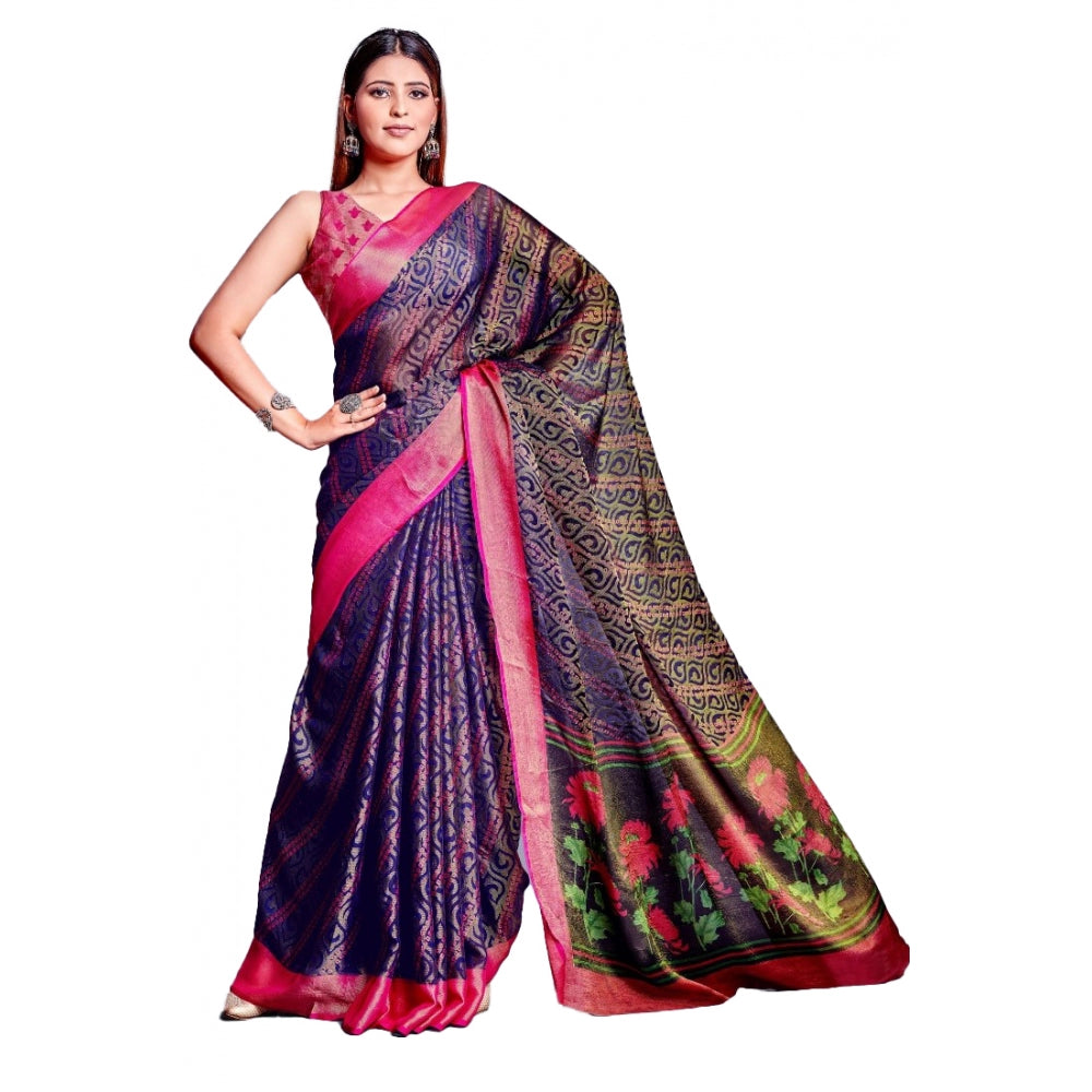 Clasymist Women's Viscose Rayon Printed Saree With Unstitched Blouse (Navy Blue)