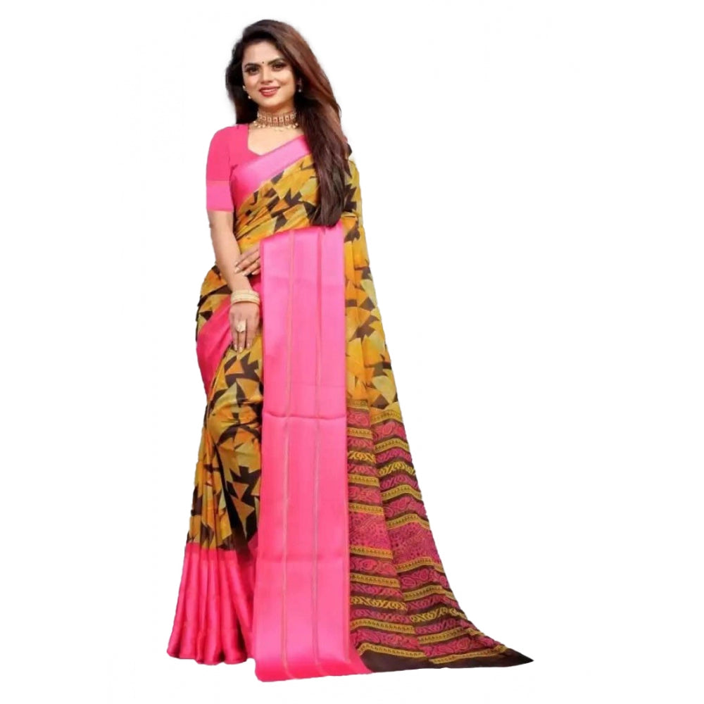 Clasymist Women's Satin Patta Printed Saree With Unstitched Blouse (Pink)