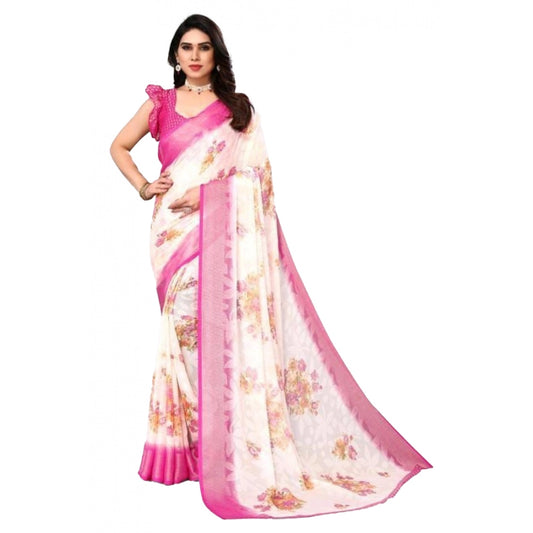 Clasymist Women's Viscose Rayon Printed Saree With Unstitched Blouse (Pink)