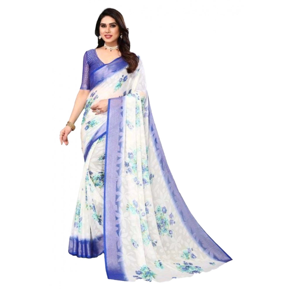 Clasymist Women's Viscose Rayon Printed Saree With Unstitched Blouse (Blue)