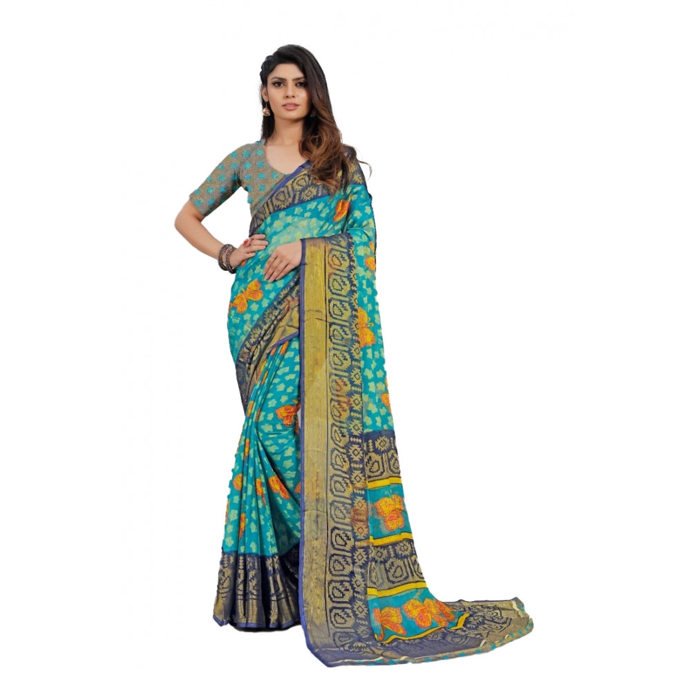 Clasymist Women's Viscose Rayon Printed Saree With Unstitched Blouse (Sky Blue)