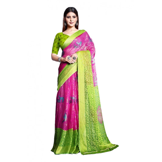 Clasymist Women's Viscose Rayon Printed Saree With Unstitched Blouse (Pink)