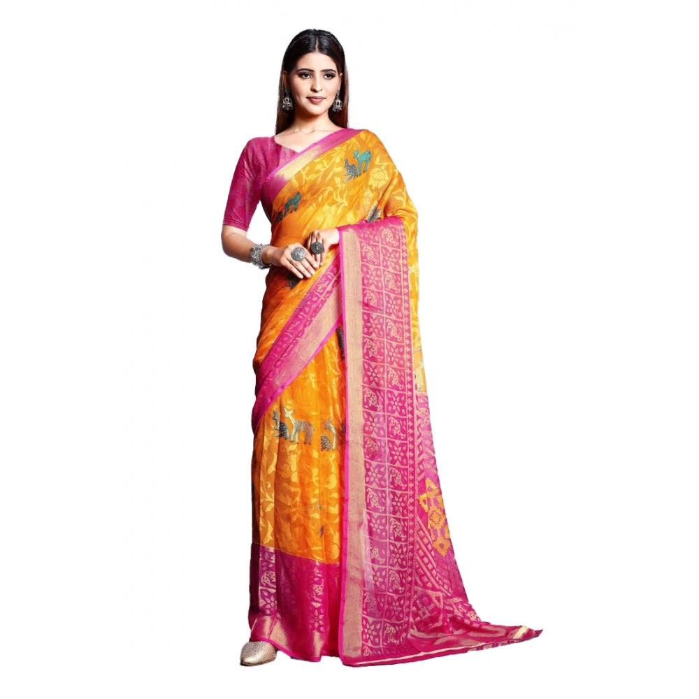 Clasymist Women's Viscose Rayon Printed Saree With Unstitched Blouse (Yellow)