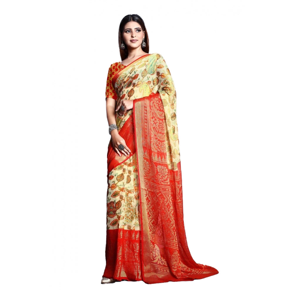 Clasymist Women's Viscose Rayon Printed Saree With Unstitched Blouse (Red)