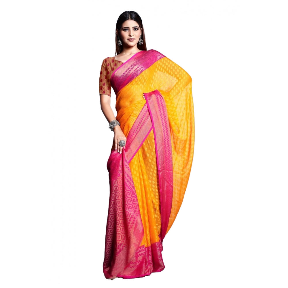 Clasymist Women's Viscose Rayon Printed Saree With Unstitched Blouse (Yellow)