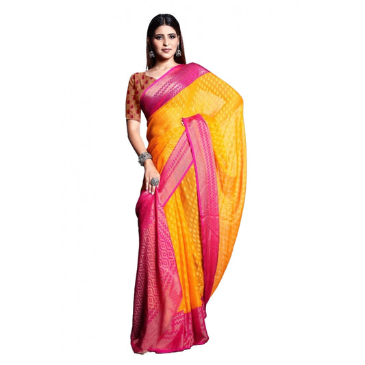 Clasymist Women's Viscose Rayon Printed Saree With Unstitched Blouse (Yellow)