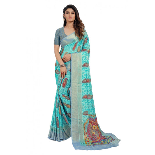 Clasymist Women's Viscose Rayon Printed Saree With Unstitched Blouse (Sky Blue)