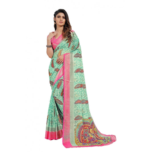 Clasymist Women's Viscose Rayon Printed Saree With Unstitched Blouse (Teal)