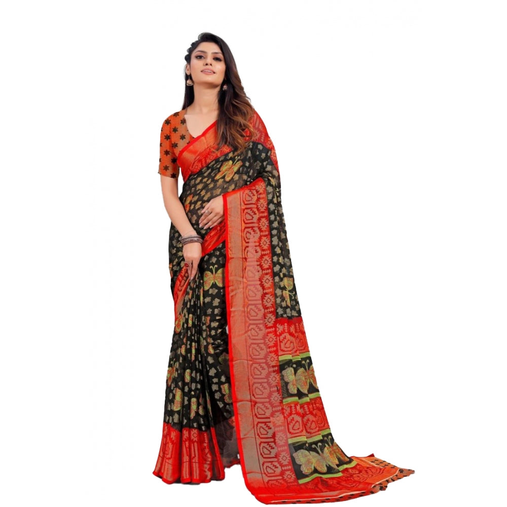 Clasymist Women's Viscose Rayon Printed Saree With Unstitched Blouse (Black)